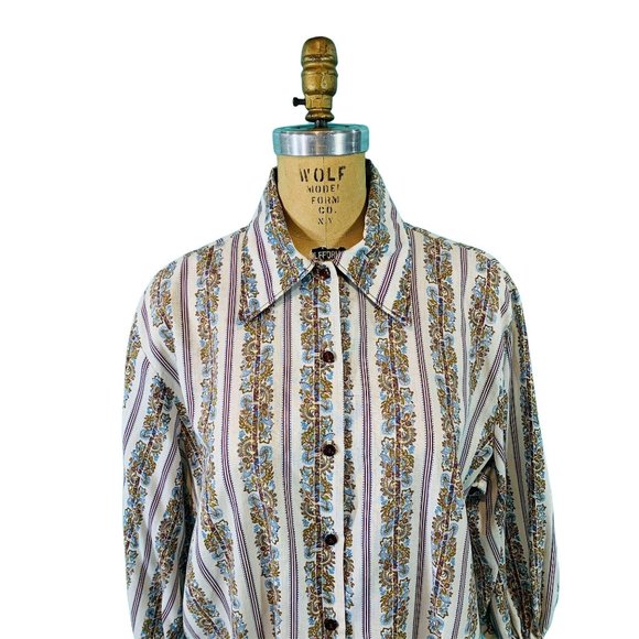 Vintage 1970s Floral Blouse Boho Land 'N Sea Striped Top | B 52" - Picture 2 of 9